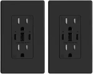ELEGRP USB Outlets, 30W 6.0 Amp USB C Outlets Receptacles, 3-Port USB Wall Outlet, 15 Amp Tamper-Resistant Outlet with 2 USB C Ports, UL Listed, Screwless Wall Plate Included, 2 Pack, Matte Black