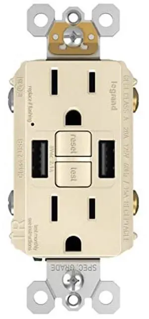 Legrand Radiant 1597TRUSBAALA 15 Amp GFCI Self Test Tamper Resistant Decorator Duplex Outlet with USB Type A, Light Almond (1 Count)