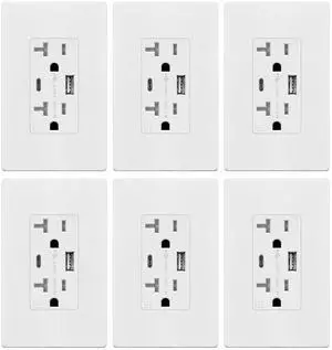 TOPGREENER USB Outlet, Type C & Type A USB Wall Outlet, 20 Amp Tamper-Resistant Receptacle, Charging Power Outlet with USB Ports, Wall Plate Included, UL Listed, TU22036AC-W-6PCS, White, 6 Pack