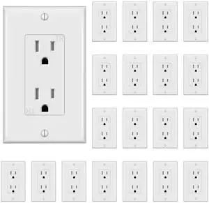 Decorator Receptacle Outlet,Wall Outlet with Wall Plate, Tamper-Resistant Electrical Outlet, Residential Grade, 3-Wire, 15A 125V, Self-Grounding, 2-Pole, UL Listed, White (20 Pack)