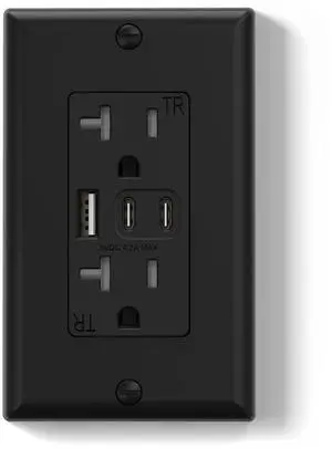 ELEGRP USB Outlets, 20 Amp Wall Outlet with 3 USB Ports, Dual USB C Ports Outlets, TR Tamper-Resistant USB Outlets Receptacles, Wall Plate Included, UL/CUL Listed, 1 Pack, Black