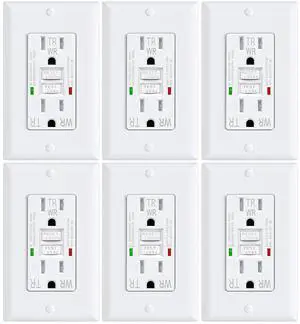 6 Pack GFCI Outlet 15 Amp GFI Electrical Outlet Outdoor Weather Proof (WR) Tamper Resistant(TR) Self-Test GFI Receptacles with LED Indicator Decoration Wall Plates White