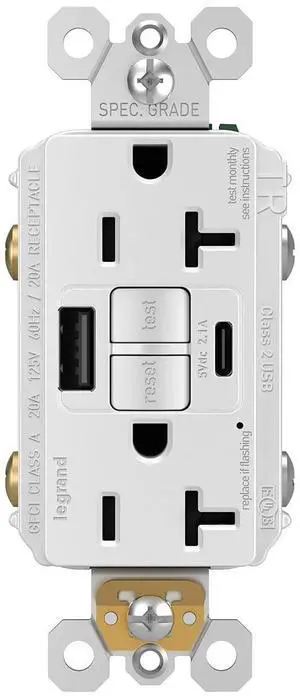 Legrand Radiant 2097TRUSBACW 15 Amp GFCI Self Test Tamper Resistant Decorator Duplex Outlet with USB Type A and C, White (1 Count)