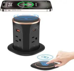 ANNQUAN Motorized Pop Up Countertop Receptacle with 15W Wireless Charger,Max 20W Power Delivery,3.15" Automatic Pop Up Outlet,4 Outlets,4 USB 3FT Cord