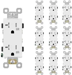 ELEGRP Glossy White Decorator Wall Receptacle Outlets, TR Tamper Resistant & WR Weather Resistant Outlet, 20 Amp Electrical Outlets, Self-grounding, 125V, 2 Pole 3 Wire, 5-20R, UL Listed, 10 Pack