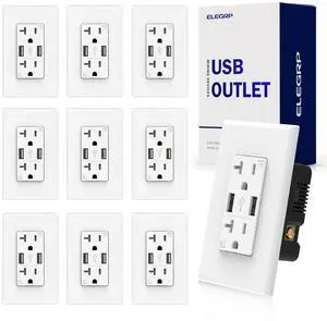 ELEGRP USB Wall Outlet - Dual 4.0A USB Ports, 20A Tamper Resistant Receptacle, Wall Plate Included, UL Listed (10 Pack, Glossy White)