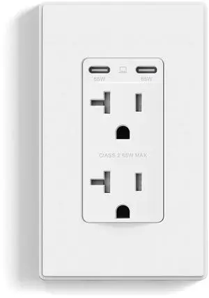 ELEGRP 65W Ultra-Speed USB C Outlet Receptacle for Laptop, 20 Amp Wall Outlet with USB C Ports, Tamper Resistant USB Outlet, Wall Plate Included, UL Listed, 1 Pack, Matte White
