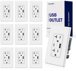 ELEGRP USB Charger Wall Outlet with Type A & Type C USB Ports, 20 Amp Duplex Tamper Resistant Receptacle Plug, Wall Plate Included, UL Listed (10 Pack, Matte White)