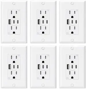 ELEGRP USB Outlets, 15 Amp Wall Outlet with 3 USB Ports, Dual USB C Ports Outlets, TR Tamper-Resistant USB Outlets Receptacles, Wall Plate Included, UL/CUL Listed, 6 Pack, White