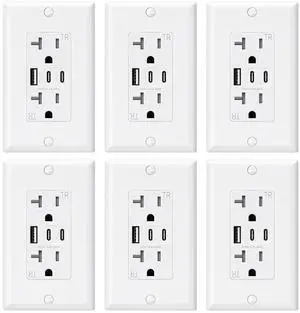ELEGRP USB Outlets, 20 Amp Wall Outlet with 3 USB Ports, Dual USB C Ports Outlets, TR Tamper-Resistant USB Outlets Receptacles, Wall Plate Included, UL/CUL Listed, 6 Pack, White