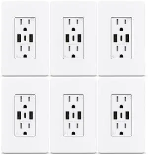 ThunderWay 30W 6.0A 3-Port USB C Wall Outlet, 15A Tamper Resistant Electrical Outlet Receptacle with Dual Type A & C Ports, Wall Plate Included, ETL Listed, 6 Pack, White