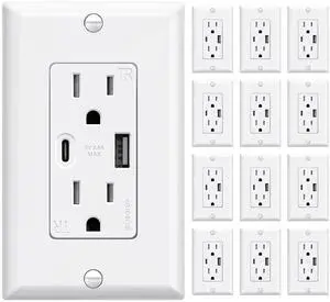 ELEGRP Wall Outlets 12 Pack, 15 Amp C Wall Outlets Receptacles, Outlets with A and C Ports, Tamper Resistant Receptacle, Wall Plate Included, UL Listed, White