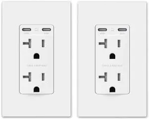 ELEGRP 65W Ultra-Speed USB C Outlet Receptacle for Laptop, 20 Amp Wall Outlet with USB C Ports, Tamper Resistant USB Outlet, Wall Plate Included, UL Listed, 2 Pack, Matte White