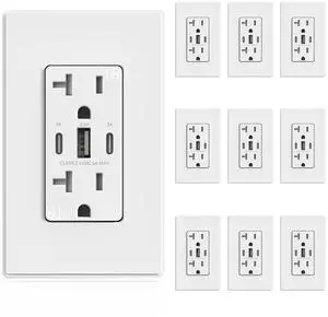 ELEGRP USB Outlets, 30W 6.0 Amp USB C Outlets Receptacles, 3-Port USB Wall Outlet, 20 Amp Tamper-Resistant Outlet with 2 USB C Ports, UL Listed, Screwless Wall Plate Included, 10 Pack, Matte White