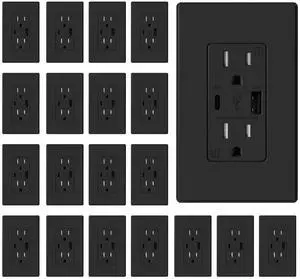 ELEGRP USB Charger Wall Outlet, USB A & C Ports, 15 Amp Duplex Receptacle Plug NEMA 5-15R, Wall Plate Included, UL Listed, 20 Pack, Matte Black
