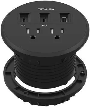LIDER PD 65W GaN Technology Desktop Power Grommet, Power Delivery, USB-A and 2 USB-C Ports, Tamper-Resistant Receptacles, Self-Close Cover, Desk Charging Station, Black, 6.5ft Cord, ETL Listed