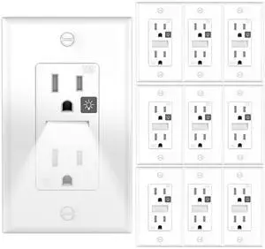 SOZULAMP White Outlets Receptacles with Night Light,Electrical Tamper Resistant Wall Outlet 15 Amp 125Volt, Nightlight Wall Outlet with Covers Wall Plate(10 Pack)