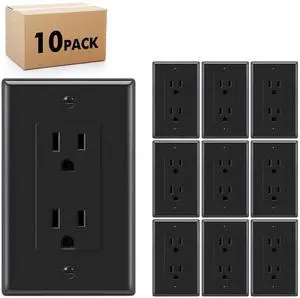 Micmi Decorator Receptacle Outlet, Standard Decorative Wall Outlet, 15 Amp, 125 Volt, Non-Tamper Resistant, Grounding UL Listed Black (15A Outlet with wallplates 10pack)