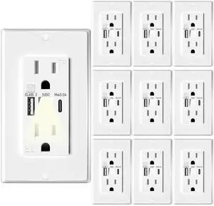 USB Outlet with Night Lights,15Amp Tamper Resistant Outlet with Built in Lights fit for Livingoom, and Type A & Type-C USB in-Wall Charger fit for Smart Phones,White (10)