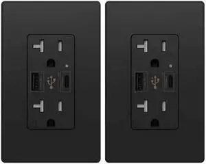 Micmi USB Type C Wall Outlet Dual High Speed Receptacle 20 Amp, Smart 4.8A Fast Charging Capability, Tamper Resistant Wall Plate Included UL Listed, Type C (Black, 2 Pack)