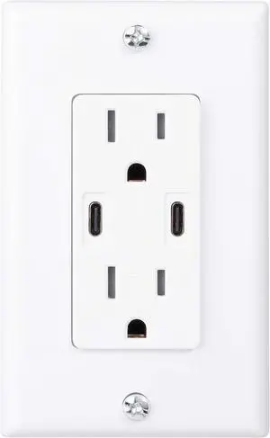 18W Dual USB Type C With Power Delivery Wall Outlet With Dual Tamper-Resistant Plugs (1, White)