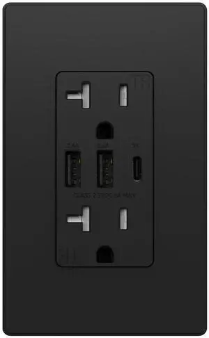 ELEGRP USB Outlets Receptacles, 3-Port Wall Outlet, 30W 6.0A Electrical Outlet, 15 Amp Tamper-Resistant Outlet with Type C Ports, UL Listed, Wall Plate Included, 1 Pack, Matte Black