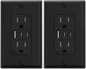 ELEGRP USB Outlets, 15 Amp Wall Outlet with 3 USB Ports, Dual USB C Ports Outlets, TR Tamper-Resistant USB Outlets Receptacles, Wall Plate Included, UL/CUL Listed, 2 Pack, Black