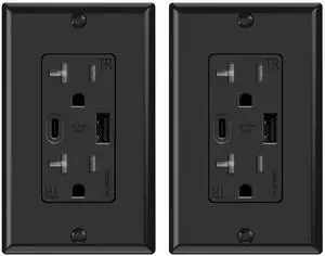 ELEGRP USB Wall Outlets, 20 Amp USB C Wall Outlets Receptacles, Outlets with USB A and USB C Ports, Tamper Resistant Receptacle, Wall Plate Included, UL Listed, 2 Pack, Black