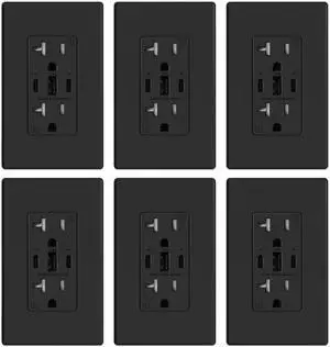 ELEGRP USB Outlets, 30W 6.0 Amp USB C Outlets Receptacles, 3-Port USB Wall Outlet, 20 Amp Tamper-Resistant Outlet with 2 USB C Ports, UL Listed, Screwless Wall Plate Included, 6 Pack, Matte Black
