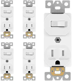 ENERLITES Combination Single Pole Toggle Switch 15A/120VAC and Tamper-Resistant Receptacle 15A/125VAC, Residential Grade, UL Listed, 62150-TR-W, White, 5 Pack