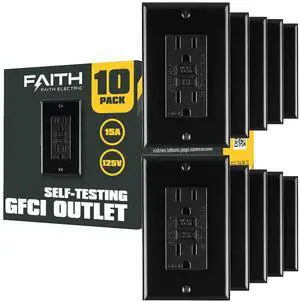 Faith [10-Pack] 15A GFCI Outlets, ETL Listed, Non-Tamper-Resistant GFI Duplex Receptacles with LED Indicator, Self-Test Ground Fault Circuit Interrupter with Wall Plate, Black, 10 Piece