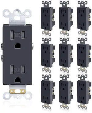 Black Standard Electrical Receptacle Outlet, 15 Amp Tamper Resistant Wall Socket, 2 Pole 3 Wire, Self-Grounding, Residential and Commercial Decor Receptacle, UL Listed, 10 Pack