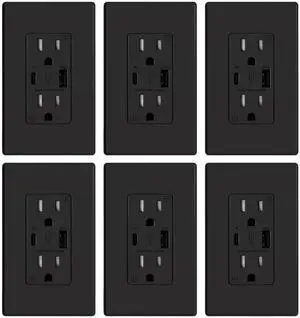 ELEGRP USB Charger Wall Outlet, USB Receptacle with Type A & Type C USB Ports, 15 Amp Duplex Tamper Resistant Receptacle Plug NEMA 5-15R, Wall Plate Included, UL Listed (6 Pack, Matte Black)