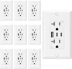 ELEGRP USB Outlets, 20 Amp Wall Outlet with 3 USB Ports, Dual USB C Ports Outlets, TR Tamper-Resistant USB Outlets Receptacles, Wall Plate Included, UL/CUL Listed, 10 Pack, White