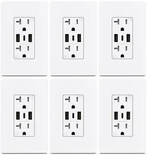 ThunderWay Outlet with USB C Ports- Electrical USB Outlet 30W 6.0A?20 Amp Tamper-Resistant Wall White Charging Outlets Receptacles, Wall Plate Cover Included,USB Socket ETL Listed,6 Pack