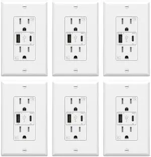 ThunderWay USB Outlet, 15 Amp Wall Outlet Receptacles with Dual Type A & Type C USB Ports, 21W Socket Charging Power, Wall Plate Included, ETL Listed, White, 6 Pack