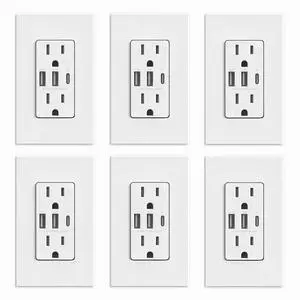 ELEGRP USB Outlets Receptacles, 3-Port Wall Outlet, 30W 6.0A Electrical Outlet, 15 Amp Tamper-Resistant Outlet with Type C Ports, UL Listed, Wall Plate Included, 6 Pack, Matte White