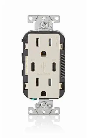 Leviton 30W (6A) USB Dual Type-C/C Power Delivery In-Wall Charger with 15A Tamper-Resistant Outlet, USB Charger for Smartphones, Tablets, Laptops, T5635-T, Light Almond