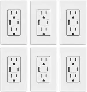 ELEGRP 30W USB Outlet Type A/C, Fast Charge Wall Outlet with 2 USB Ports, Power Delivery 15 Amp Wall Outlet with Tamper Resistant, UL Listed, Wall Plate Included, 6 Pack, Matte White