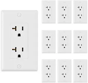 ELEGRP Glossy White Decorator Electrical Wall Outlet Receptacle, 20A 125V Standard Outlets, 2 Pole 3 Wire, Non-Tamper Resistant, NEMA 5-20R, Self-Grounding, Wall Plate Included, UL Listed, 10 Pack
