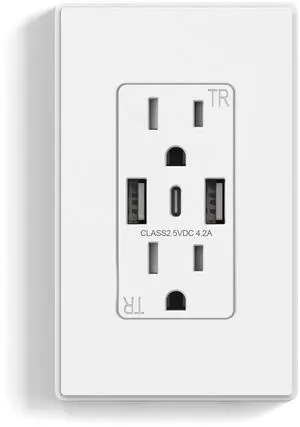 ELEGRP USB Wall Outlet, 3-Ports USB C Wall Outlet Receptacle, Matte White 15 Amp Outlets with USB Ports, Tamper-Resistant USB Outlet, Screwless Wall Plate Included, UL & CUL Listed, 1 Pack