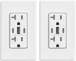 ELEGRP USB Outlets, 30W 6.0 Amp USB C Outlets Receptacles, 3-Port USB Wall Outlet, 20 Amp Tamper-Resistant Outlet with 2 USB C Ports, UL Listed, Screwless Wall Plate Included, 2 Pack, Matte White