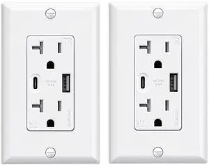 ELEGRP USB Wall Outlets, 20 Amp USB C Wall Outlets Receptacles, Outlets with USB A and C Ports, Tamper Resistant Receptacle, Wall Plate Included, UL Listed, 2 Pack, White