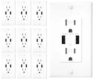 10 Pack 4.8A Wall Outlet with USB Ports 15Amp Duplex USB Wall Outlets Tamper Resistant Outlet Charger, UL Listed, Electrical Outlet with Dual Port, White Outlets Receptacles