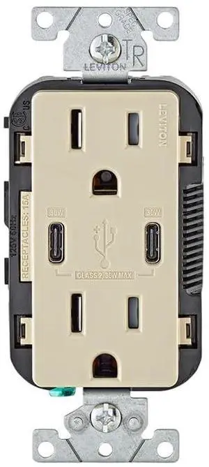 Leviton 30W (6A) USB Dual Type-C/C Power Delivery In-Wall Charger with 15A Tamper-Resistant Outlet, USB Charger for Smartphones, Tablets, Laptops, T5635-I, Ivory