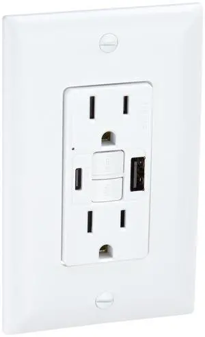 Legrand Radiant 1597TRUSBACW 15 Amp GFCI Self Test Tamper Resistant Decorator Duplex Outlet with USB Type A and C, White (1 Count)
