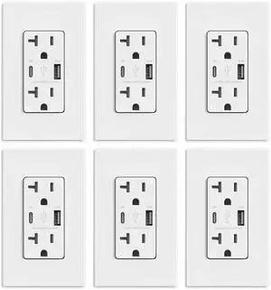 ELEGRP USB Charger Wall Outlet, USB Receptacle with Type A & Type C USB Ports, 20 Amp Duplex Tamper Resistant Receptacle Plug, Wall Plate Included, UL Listed (6 Pack, Matte White)