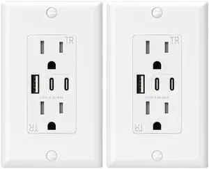 ELEGRP USB Outlets, 15 Amp Wall Outlet with 3 USB Ports, Dual USB C Ports Outlets, TR Tamper-Resistant USB Outlets Receptacles, Wall Plate Included, UL/CUL Listed, 2 Pack, White