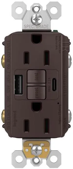 Legrand Pass & Seymour Radiant 1597TRUSBACDB 15 Amp GFCI Wall Power Outlet with 2.0 Amp USB Charger, Dark Bronze