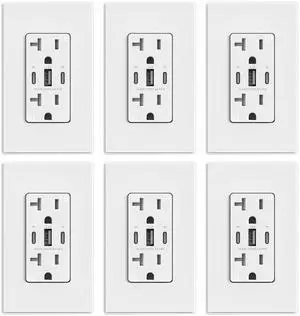 ELEGRP USB Outlets, 30W 6.0 Amp USB C Outlets Receptacles, 3-Port USB Wall Outlet, 20 Amp Tamper-Resistant Outlet with 2 USB C Ports, UL Listed, Screwless Wall Plate Included, 6 Pack, Matte White